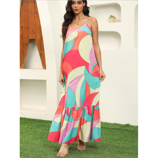 Damen Maxikleid mit farbenfrohem Mustermix und voluminösem Rock R&B