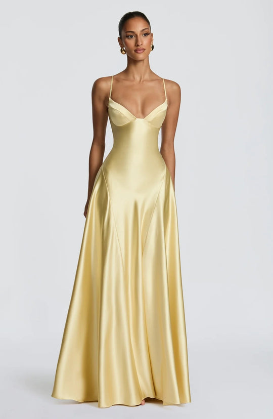 Damen elegantes Satin-Maxikleid mit raffinierten Spaghettiträgern R&B