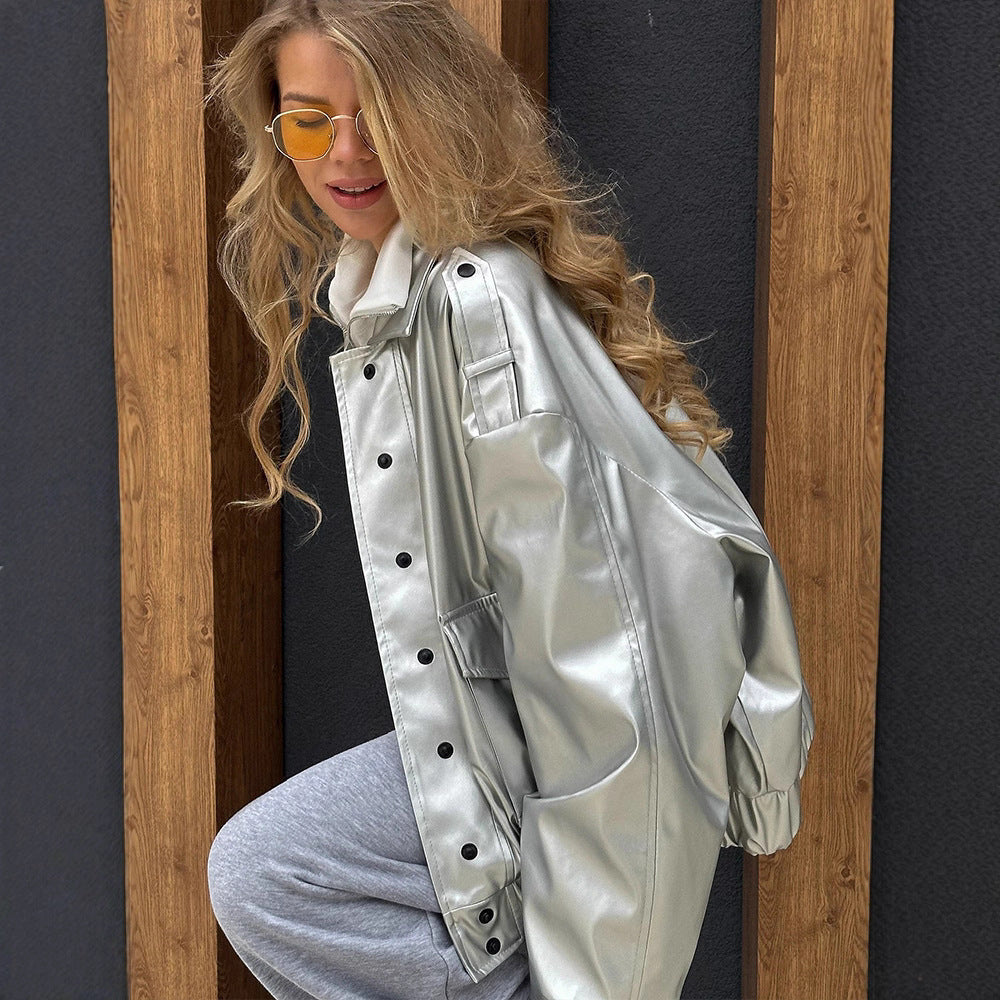 Damen Oversized Kunstlederjacke mit modischem Schnitt und eleganten Details R&B