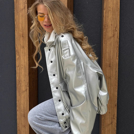 Damen Oversized Kunstlederjacke mit modischem Schnitt und eleganten Details R&B