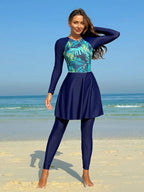 Damen Sportlicher Badeanzug mit Longsleeve und Rock R&B