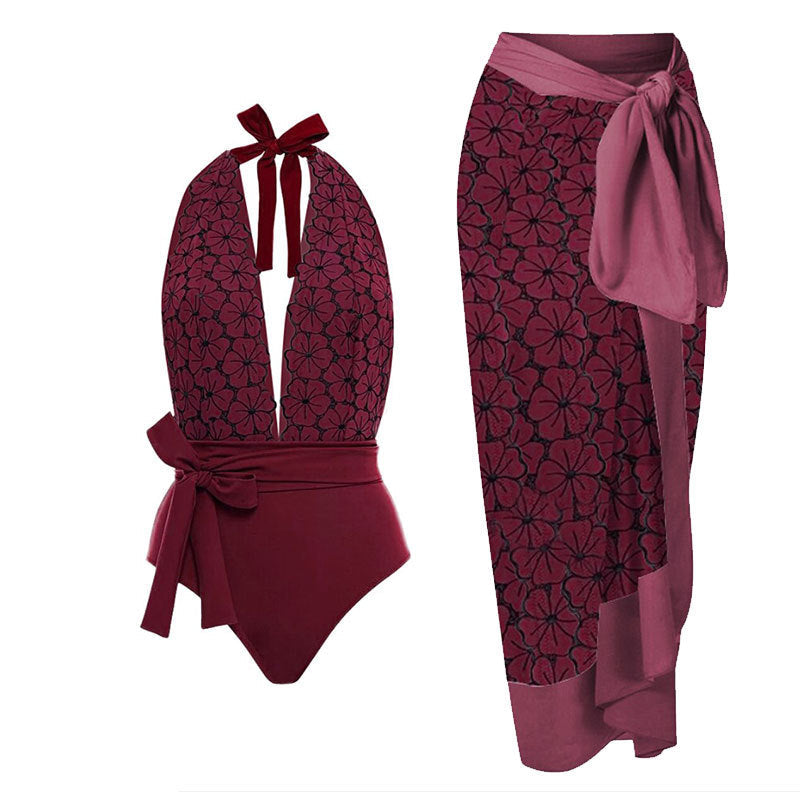 Damen eleganter Einteiler Badeanzug mit floralem Wickelrock R&B