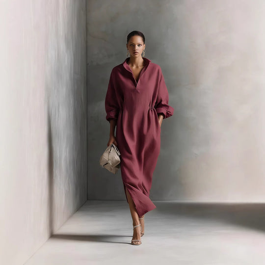 Damen stilvolles Midikleid mit Bindegürtel und klassischem Kragen R&B