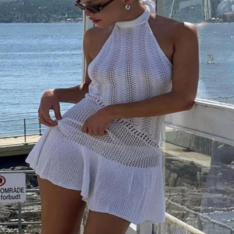 Damen luftiges Strandkleid mit feinem Häkelmuster und voluminösem Saum R&B