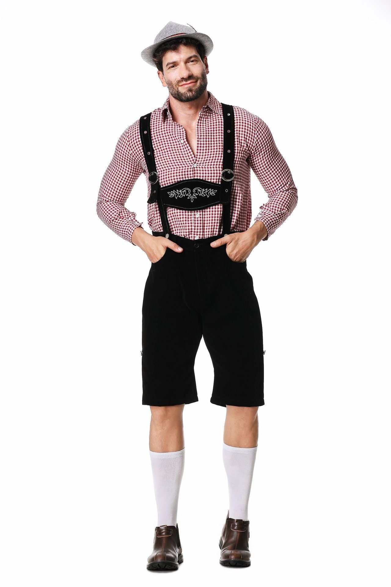 Herren nan kurze Trachtenlederhose in Veloursleder-Optik mit besticktem Brustlatz und verstellbaren Trägern R&B