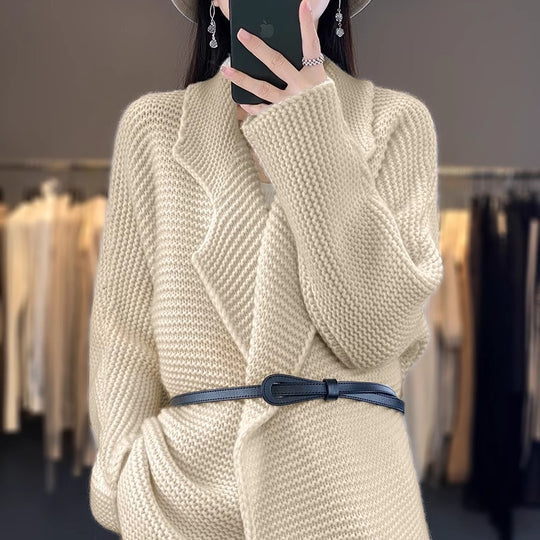 Damen Grobstrick Cardigan mit eleganten Revers und Taillengürtel R&B