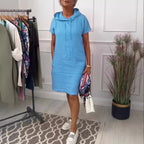 Damen nan legeres Kapuzenkleid mit kurzem Ärmel, geradem Schnitt und Kordelzug R&B