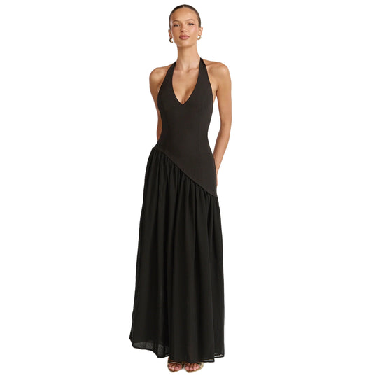 Damen Maxikleid mit tiefem V-Ausschnitt und asymmetrischem Rock R&B