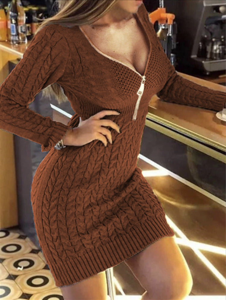 Damen Strickkleid mit engem Schnitt und dekorativer Reißverschlussdetails R&B