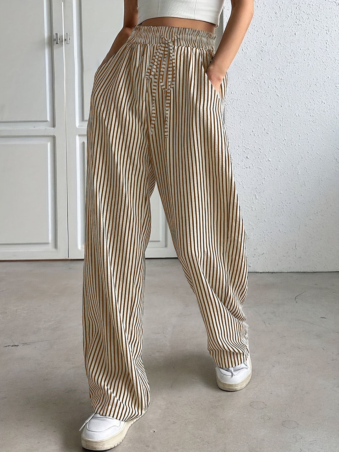 Damen weite Streifenhose mit Gummizug und Seitentaschen R&B