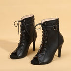 Damen Schnürstiefeletten mit offenem Zehenbereich und hohem Absatz R&B