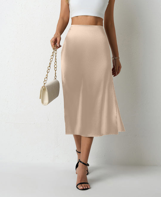 Damen eleganter Satin-Midirock mit fließendem Schnitt und hohem Bund R&B