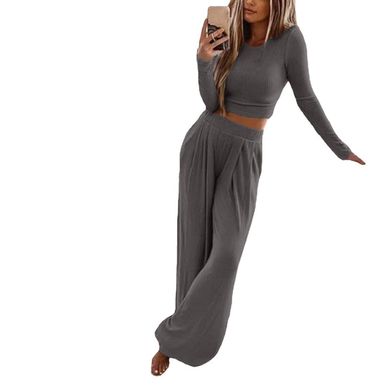 Damen Elegantes Lounge-Set mit langärmeligem Oberteil und weiten Hosen R&B