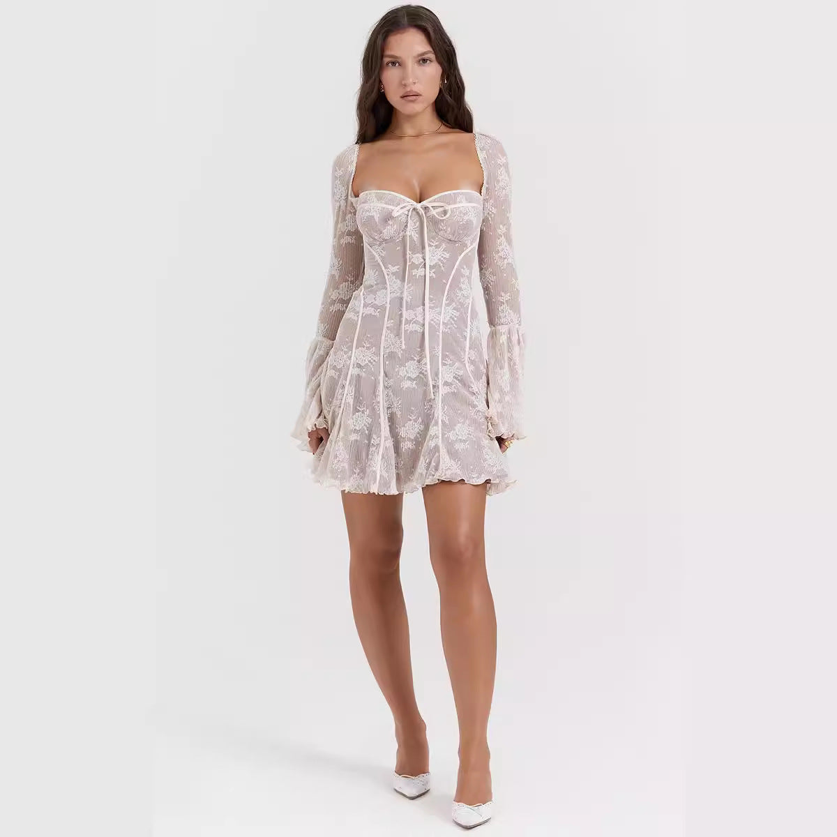 Damen romantisches Spitzenkleid mit Schnürung und flared Ärmeln R&B
