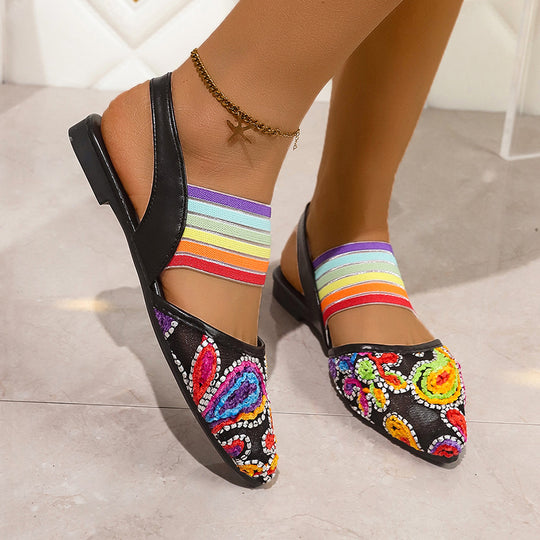 Damen Slipper mit buntem Stickmuster und elastischen Bändern R&B