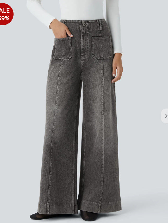 Damen Weitgeschnittene Denim-Hose mit hohen Bund und großen Taschen R&B