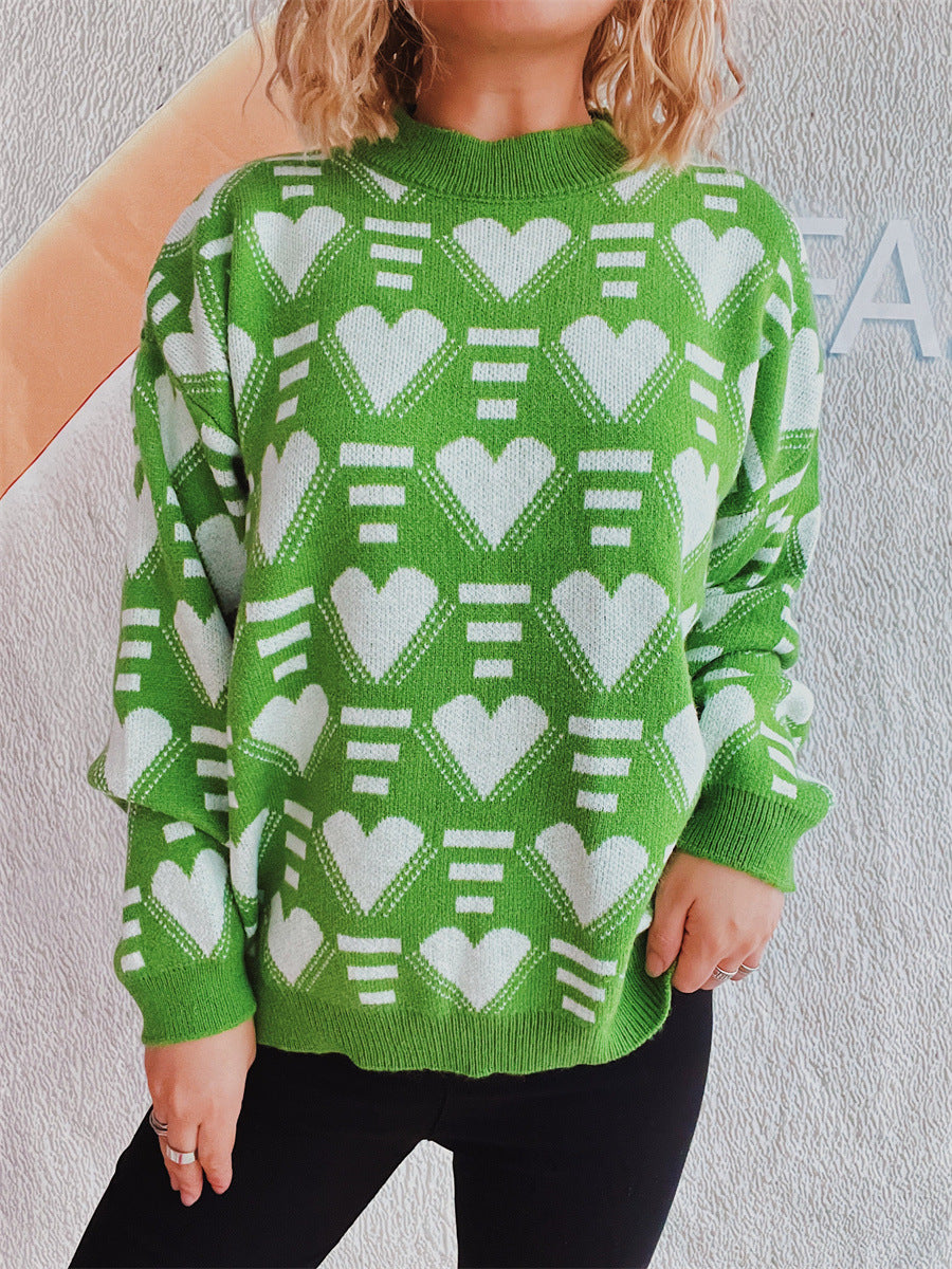 Damen gestrickter Pullover im modernen Herzdesign mit weitem Schnitt R&B