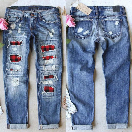 Damen Jeans mit stylischen Rissen und Karomuster R&B