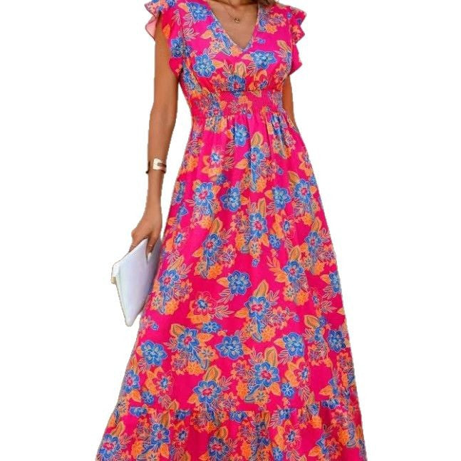 Damen Sommerliches Blumenmaxikleid mit Volantärmeln und elastischem Taillenbund R&B