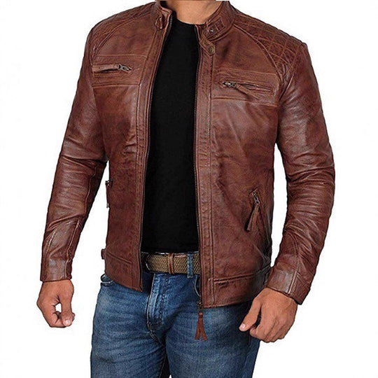 Herren Lederjacke mit Stehkragen und Ziernähten R&B