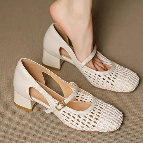 Damen elegante Mary Jane Pumps mit modischem Geflecht und bequemem Blockabsatz R&B