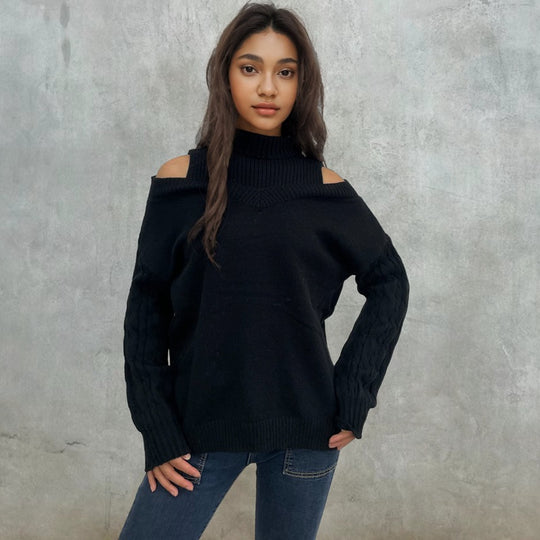 Damen Strickpullover mit Off-Shoulder-Design und strukturierten Ärmeln R&B