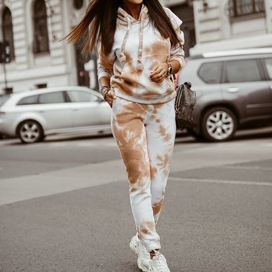 Damen lässiges Kapuzen-Sweatpants-Set im Batikdesign R&B