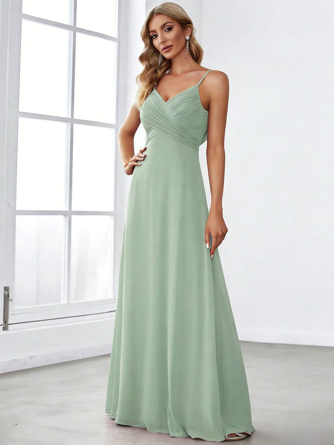 Damen nan fließendes Chiffon-Abendkleid mit überkreuzter Drapage, Empire-Taille und feinen Spaghettiträgern R&B