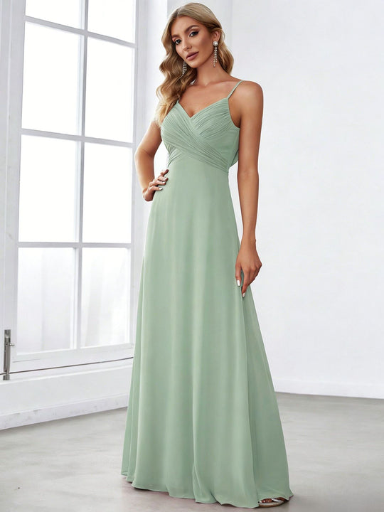 Damen nan fließendes Chiffon-Abendkleid mit überkreuzter Drapage, Empire-Taille und feinen Spaghettiträgern R&B
