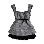 Damen Rüschenshirt mit Gingham-Muster und elastischen Trägern R&B