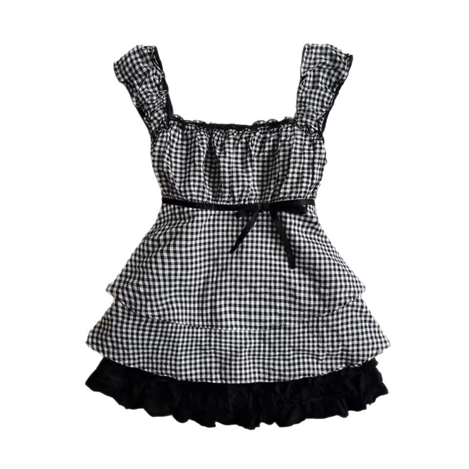 Damen Rüschenshirt mit Gingham-Muster und elastischen Trägern R&B