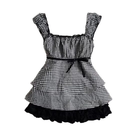 Damen Rüschenshirt mit Gingham-Muster und elastischen Trägern R&B