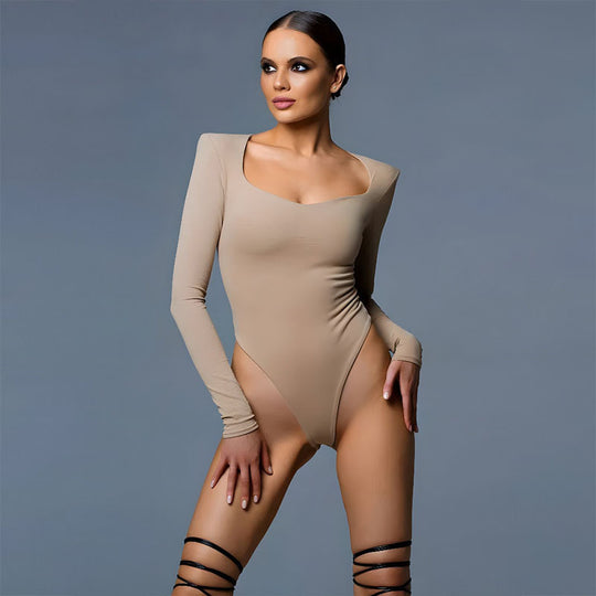Damen figurbetonter Bodysuit mit langen Ärmeln und eckigem Ausschnitt R&B