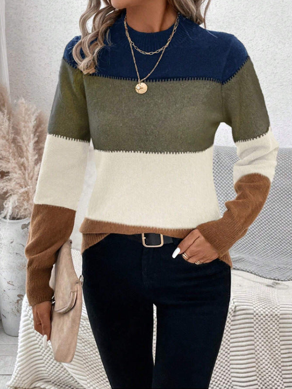 Damen modischer Strickpullover mit trendigem Blockstreifen und steigendem Kragen R&B