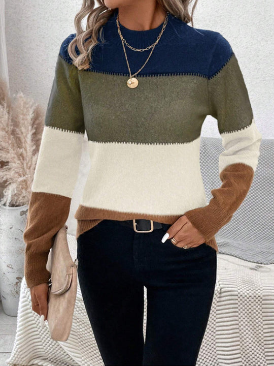 Damen modischer Strickpullover mit trendigem Blockstreifen und steigendem Kragen R&B