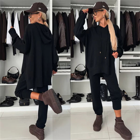 Damen gemütliches Hoodie- und Jogginghose-Set mit seitlichen Taschen R&B