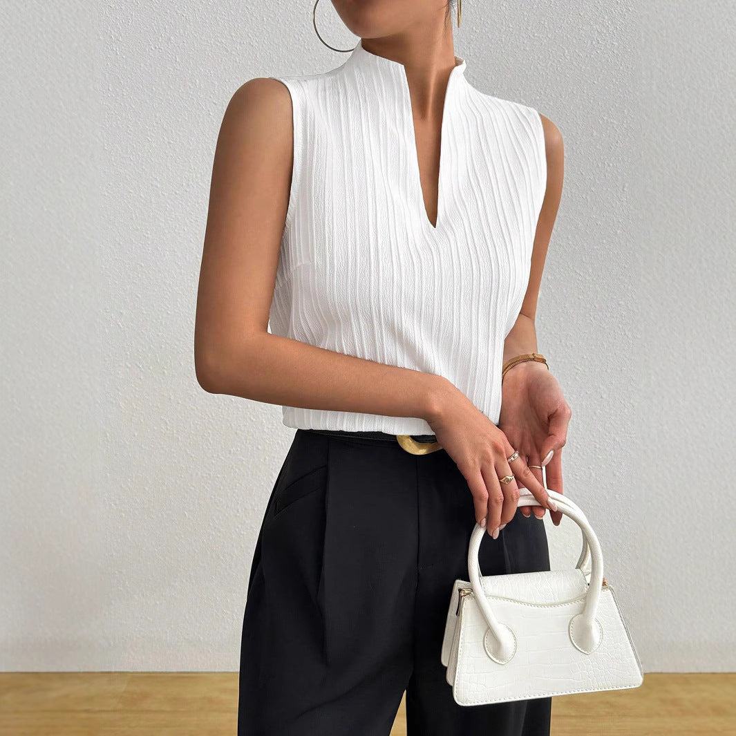 Damen Elegantes Top mit Stehkragen und feinen Plisseefalten R&B