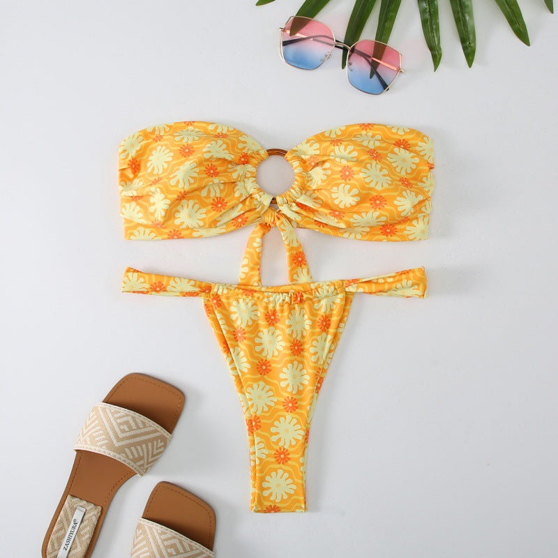 Damen Bandeau Bikini mit kreativem Raffungseffekt und verspieltem Design R&B