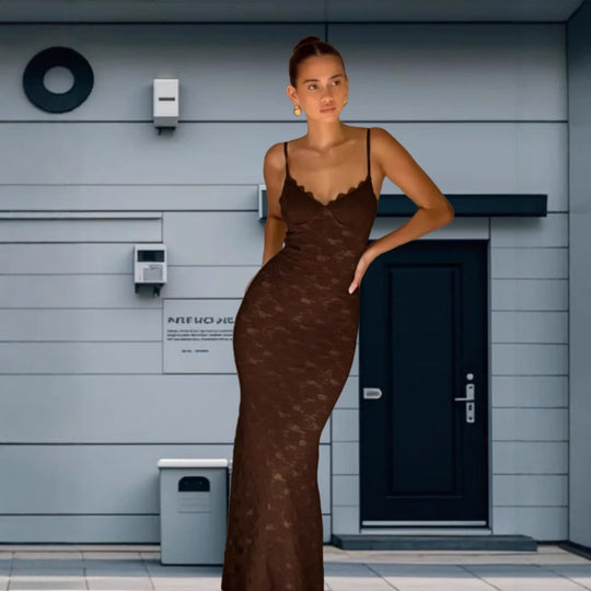 Damen Elegantes Spitzen-Maxikleid mit tiefem V-Ausschnitt R&B