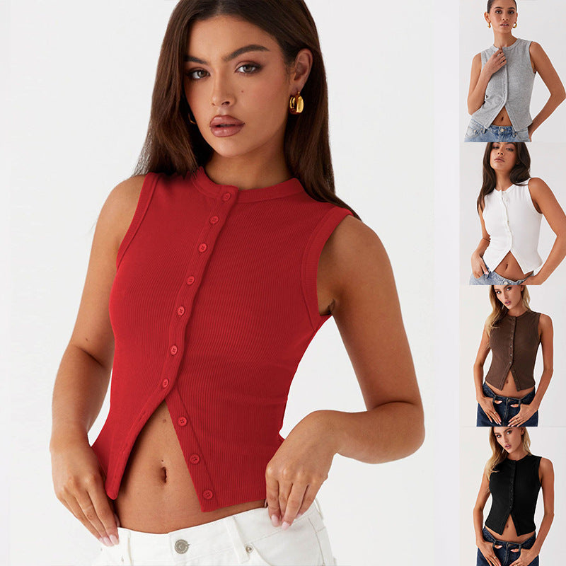 Damen ärmelloses Knopfschalenshirt aus Rippenstoff mit modernem Schnitt R&B