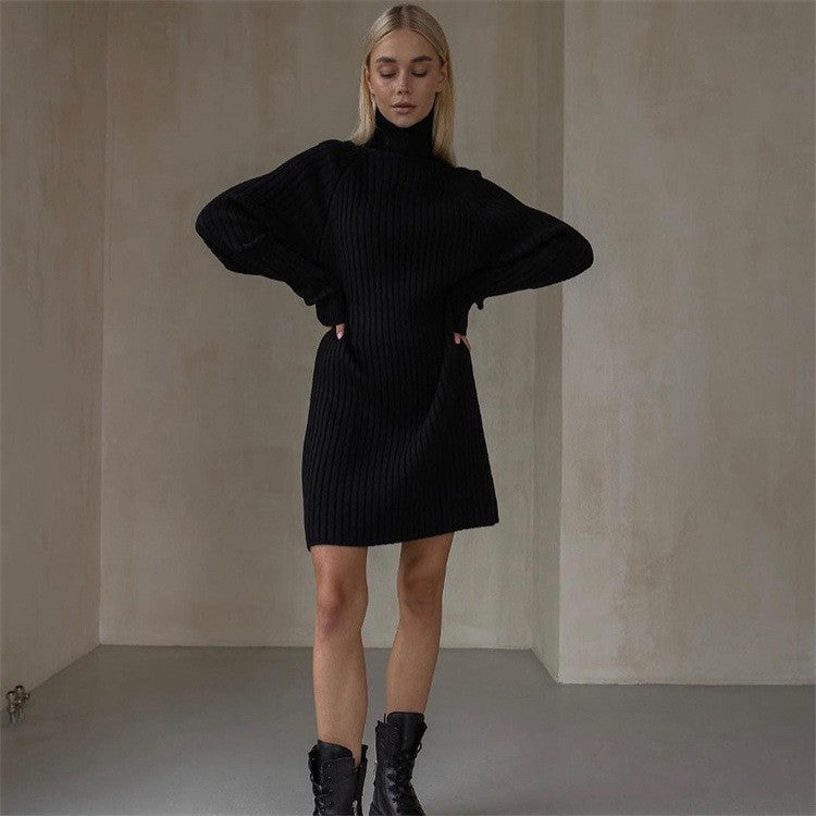 Damen Strickkleid mit hohem Kragen und großen Ärmeln R&B