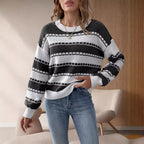 Damen lässiger, gestreifter Pullover mit einem komfortablen Schnitt und dekorativen Details R&B