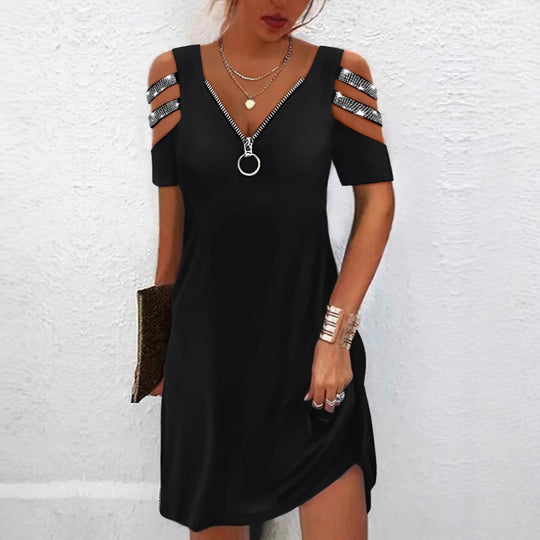 Damen Trendiges Kleid mit schulterfreien Ärmeln und Reißverschlussdetails R&B