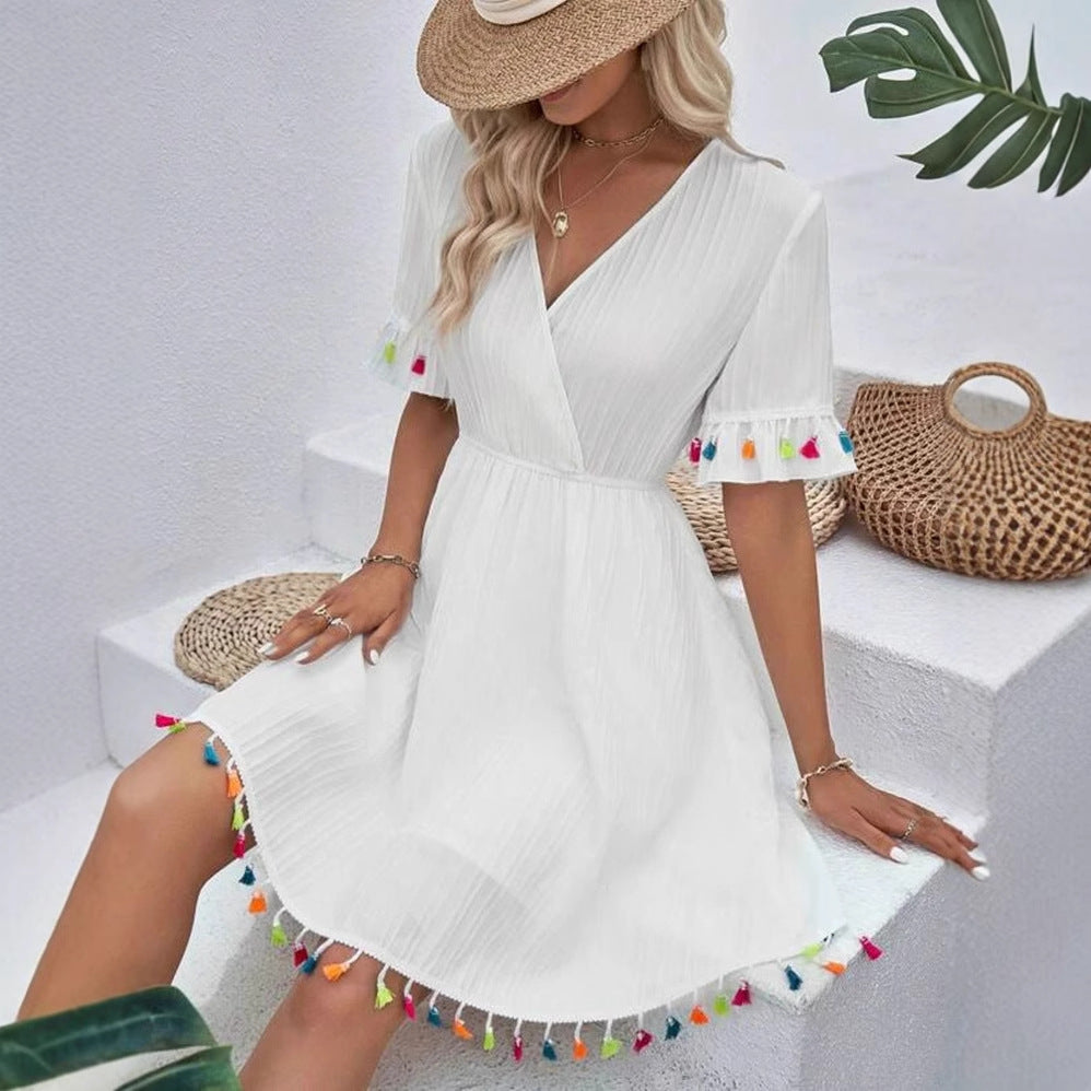 Damen Sommerkleid mit verspielten Volants und bunten Quasten R&B
