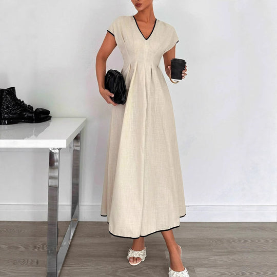 Damen Fließendes Maxikleid mit V-Ausschnitt und schwingendem Rock R&B