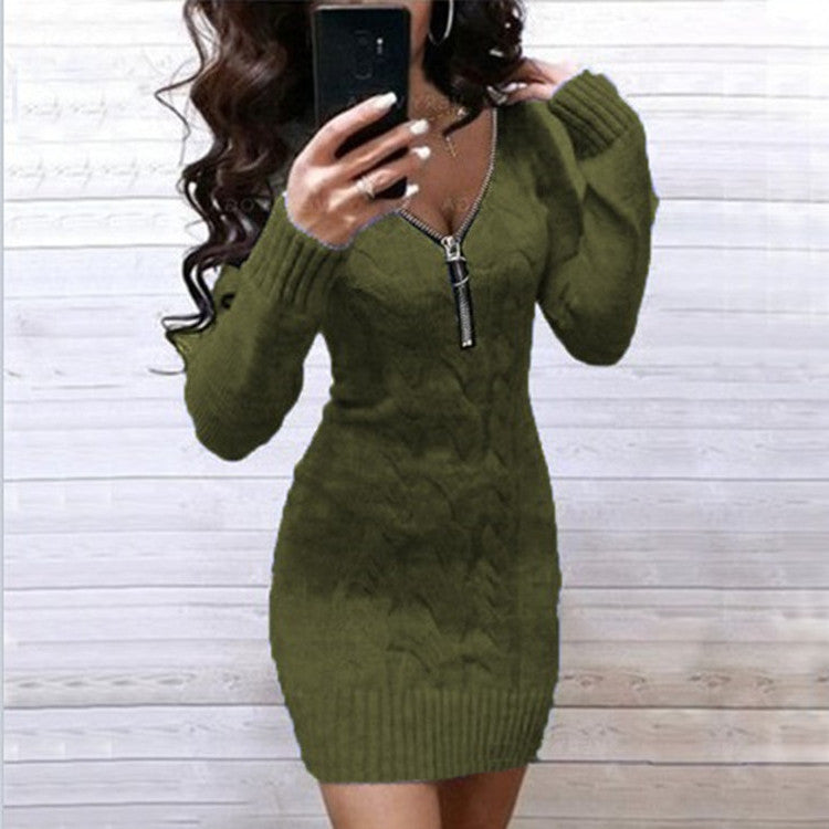 Damen Strickkleid mit tiefem V-Ausschnitt und dekorativem Reißverschluss R&B