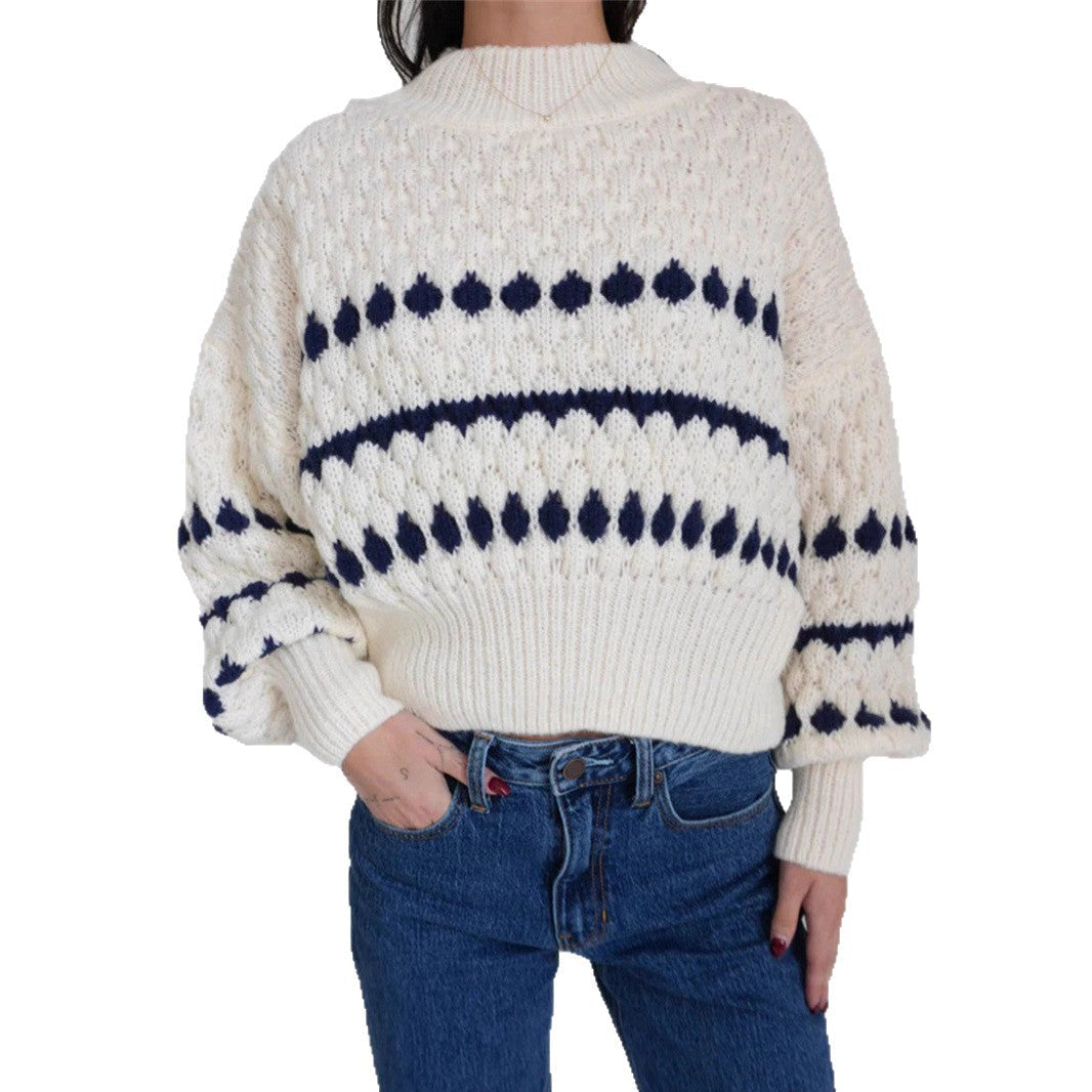 Damen Strickpullover mit modernem Zopfmuster und voluminösen Ärmeln R&B
