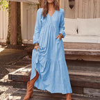 Damen nan luftiges Maxikleid mit V-Ausschnitt, langen Ärmeln und seitlichen Taschen R&B