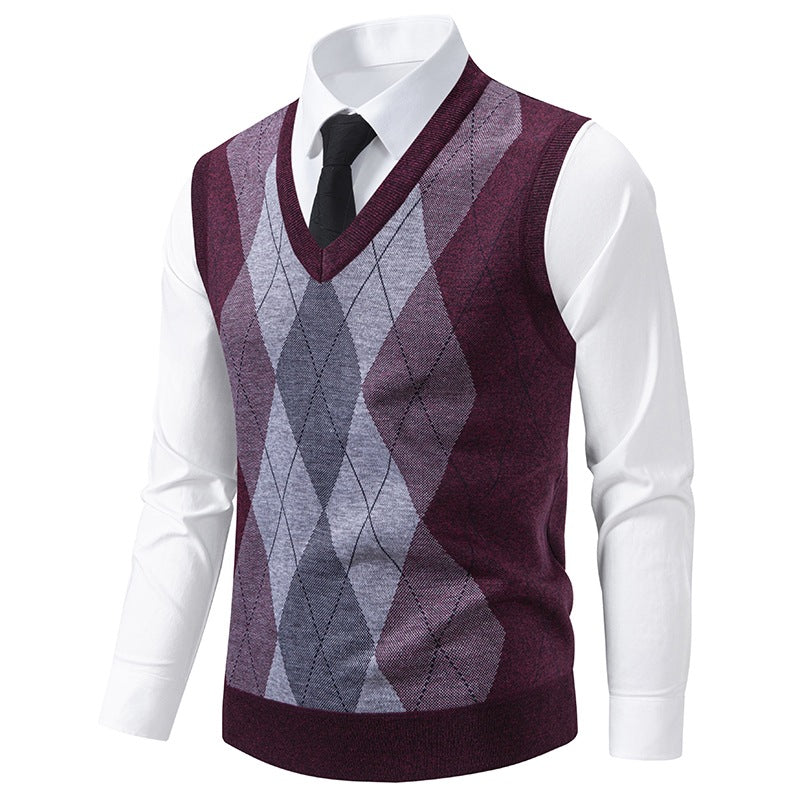 Herren V-Ausschnitt Strickpullover mit elegantem Rautenmuster