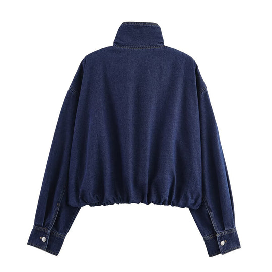 Damen cropped Denimjacke mit hochgeschlossenem Kragen und praktischen Taschen R&B